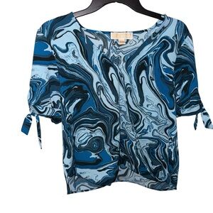 Blue Marble Print Tie-Sleeve Women's Top